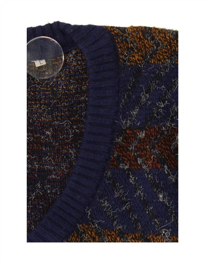 VINTAGE Mens V-Neck Jumper Sweater Large Navy Blue Striped Vintage Vintage and Second-Hand Vintage from Messina Hembry 