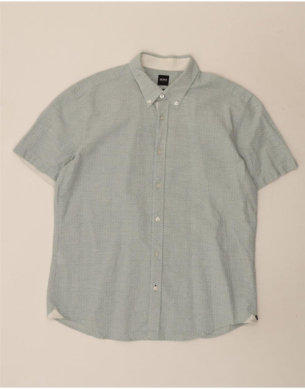 Hugo Boss Мужская рубашка приталенного кроя с коротким рукавом XL Синяя хлопковая рубашка с геометрическим рисунком