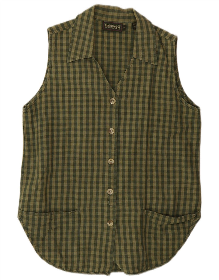 Женская блузка-рубашка без рукавов Timberland, США 6, средний цвет хаки, льняная клетка
