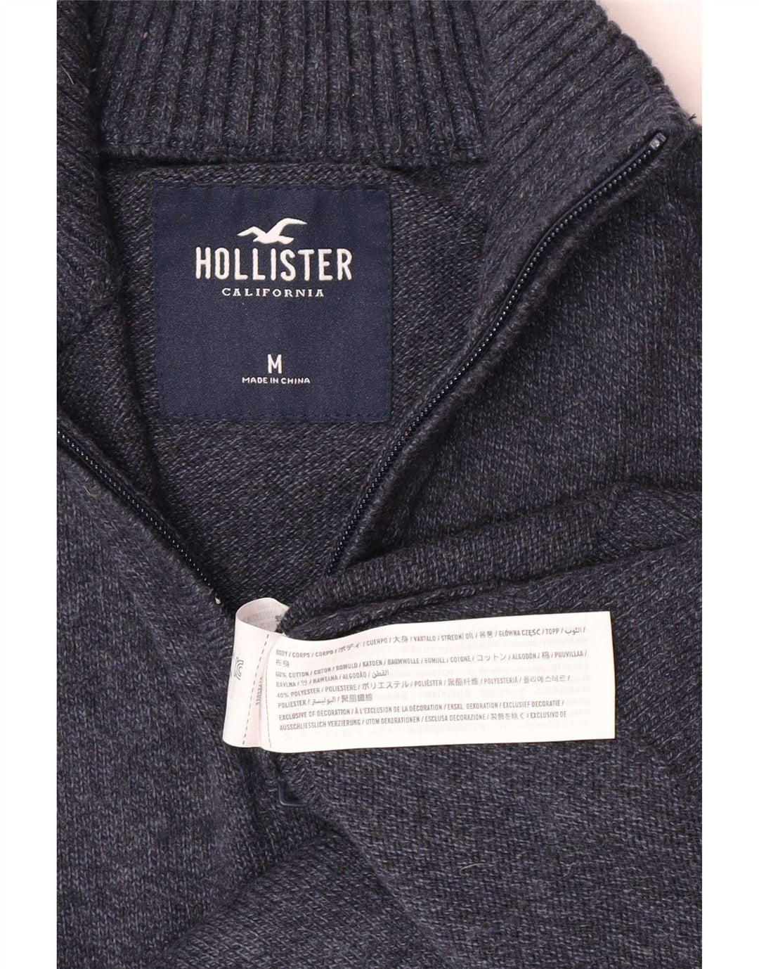 Мужской джемпер с воротником на молнии Hollister, средний темно-синий хлопковый свитер