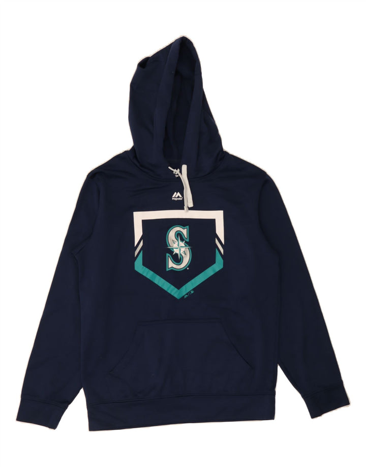 MAJESTIC Mens Graphic Hoodie Jumper Medium Navy Blue Vintage Majestic and Second-Hand Majestic from Messina Hembry 