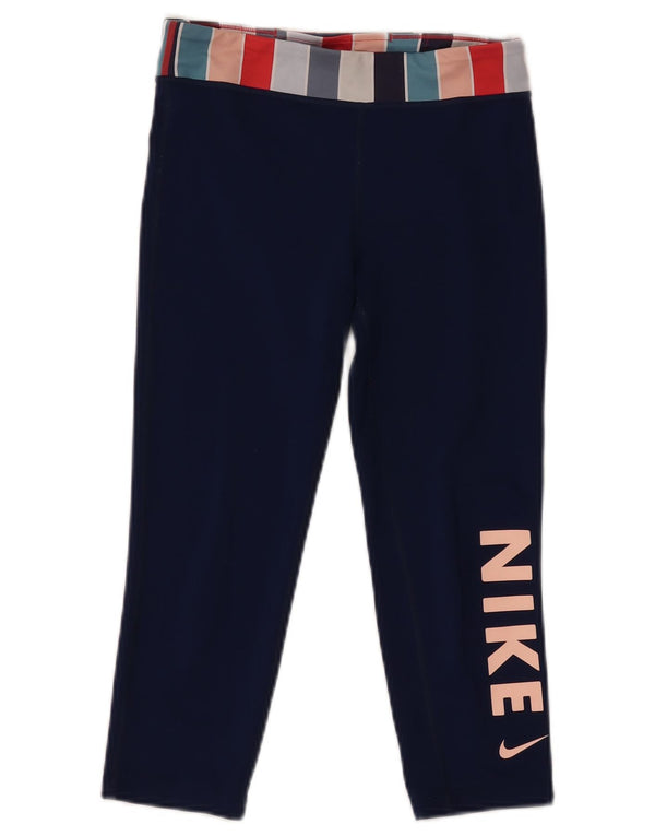 Nike Girls Dri Fit Graphic Leggings 12-13 Years Large Navy Blue Colourblock