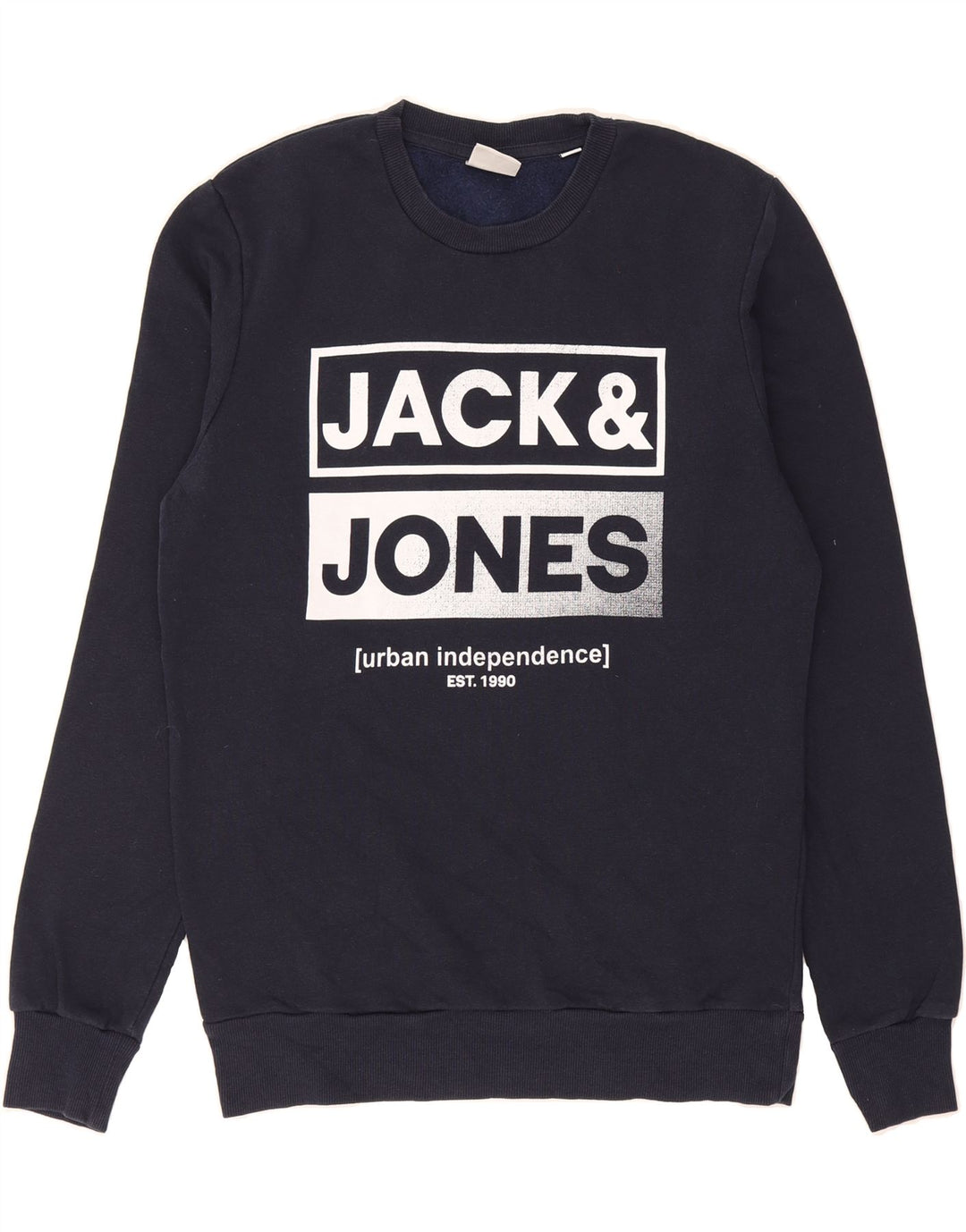 JACK & JONES Mens Core Graphic Sweatshirt Jumper Small Navy Blue Cotton Vintage Jack & Jones and Second-Hand Jack & Jones from Messina Hembry 