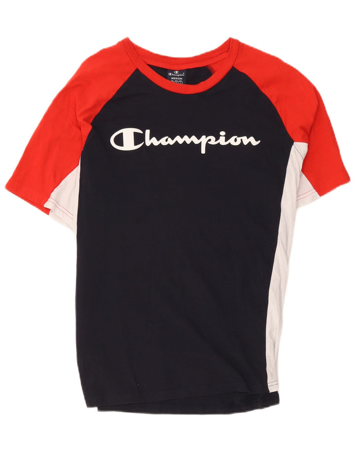 Мужская футболка с рисунком Champion, топ среднего размера, темно-синий, хлопок с цветными блоками