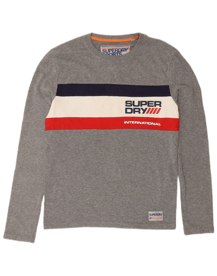 Мужской топ с графическим рисунком Superdry, маленький серый хлопок с длинными рукавами и цветными блоками