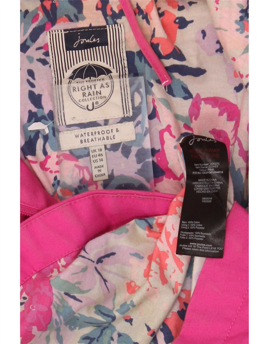 JOULES Женская дождевик с капюшоном UK 18 XL Розовый хлопок