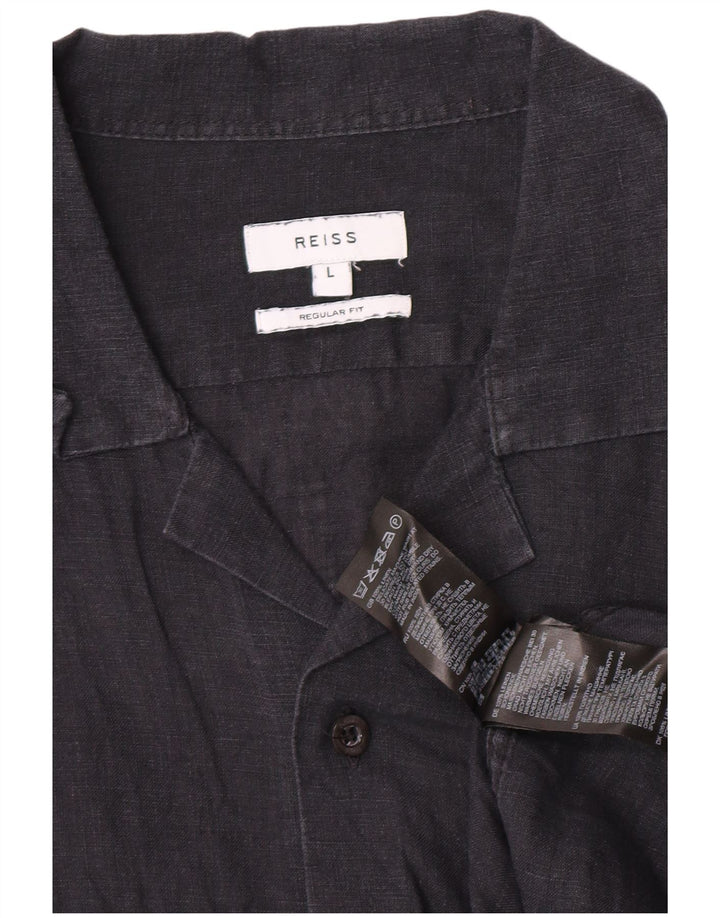 Reiss Мужская рубашка стандартного кроя с короткими рукавами, большая темно-синяя льняная рубашка