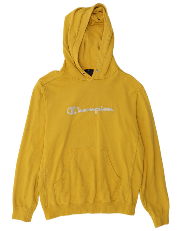 Champion Mens Graphic Hoodie Jumper Large Yellow Cotton