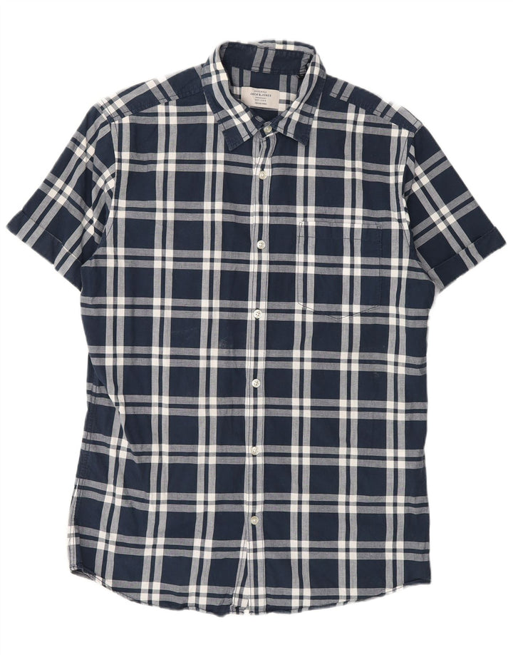 Мужская рубашка с коротким рукавом Jack & Jones среднего размера, темно-синяя клетка, хлопок