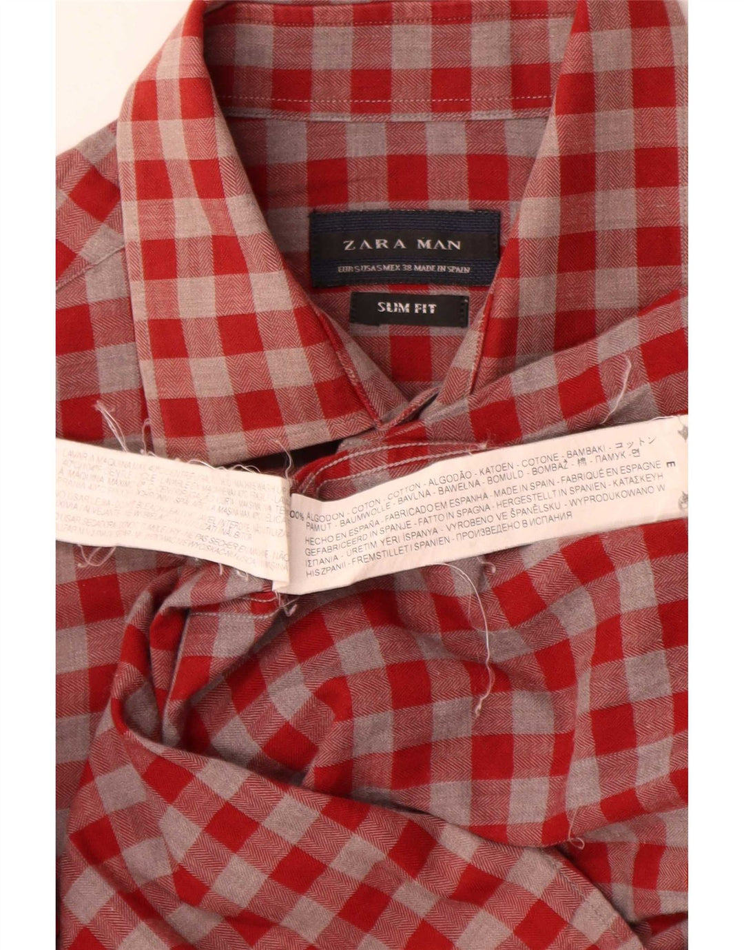 Мужская рубашка узкого кроя Zara, маленькая красная хлопковая клетка в мелкую клетку