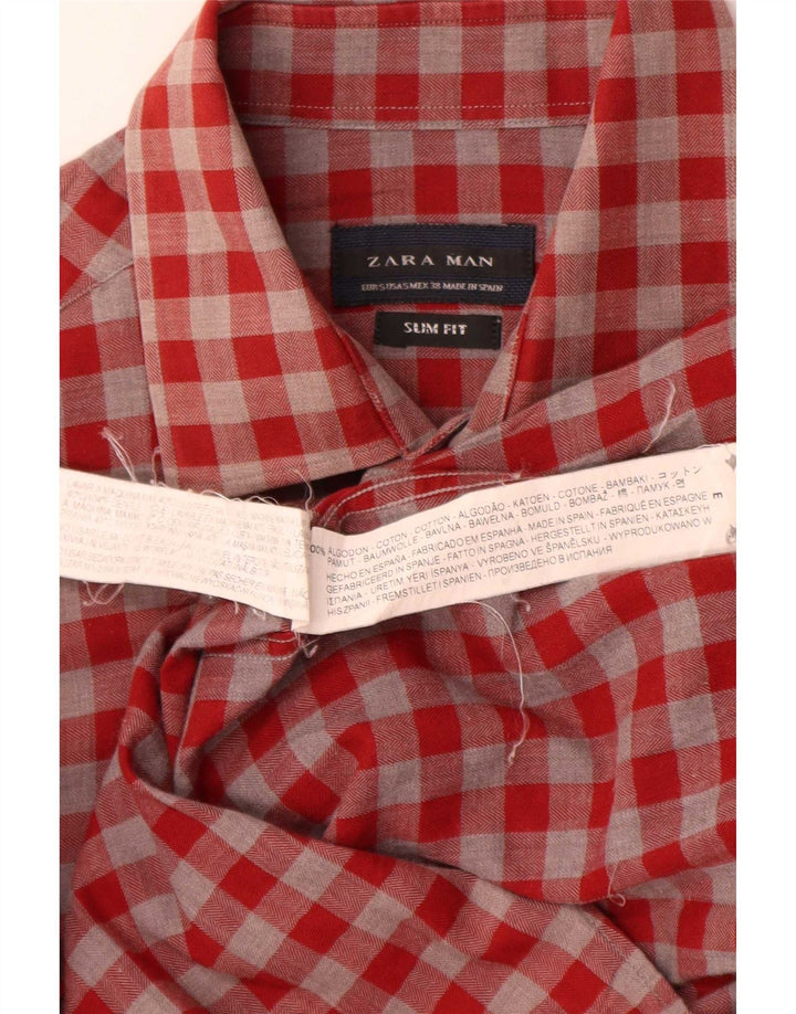 Мужская рубашка узкого кроя Zara, маленькая красная хлопковая клетка в мелкую клетку