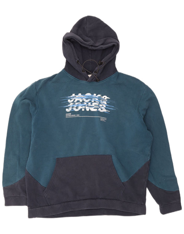Мужской джемпер с капюшоном Jack & Jones с рисунком 2XL, темно-синий, хлопок с цветными блоками