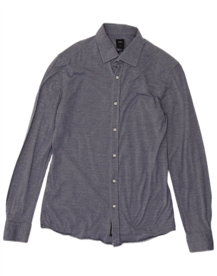 Мужская приталенная рубашка Hugo Boss Slim Fit, размер 40, 15, 3/4, средний синий хлопок