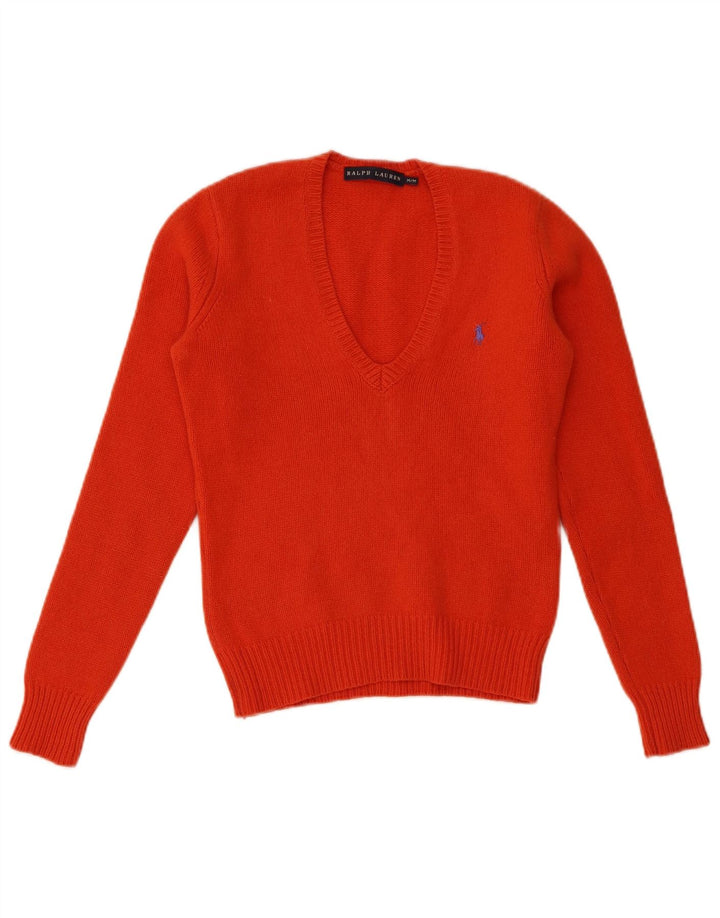 Женский джемпер с v-образным вырезом Ralph Lauren UK 12, шерсть среднего оранжевого цвета