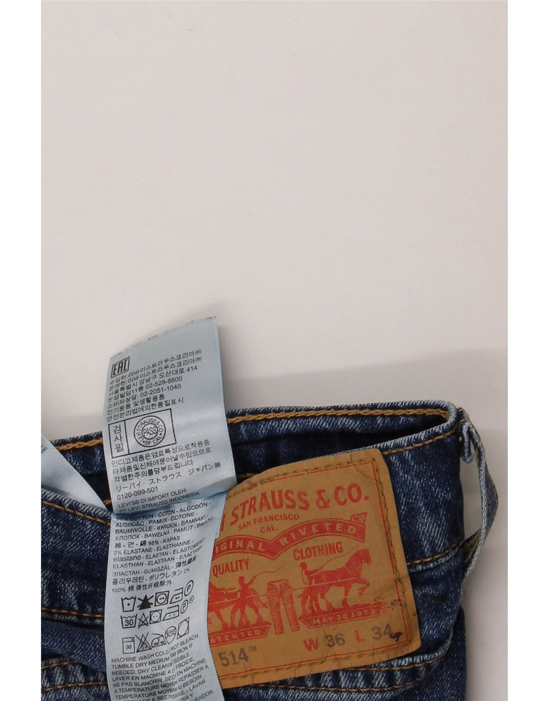 Мужские прямые джинсы LEVI'S 514 W36 L34 синие, хлопок