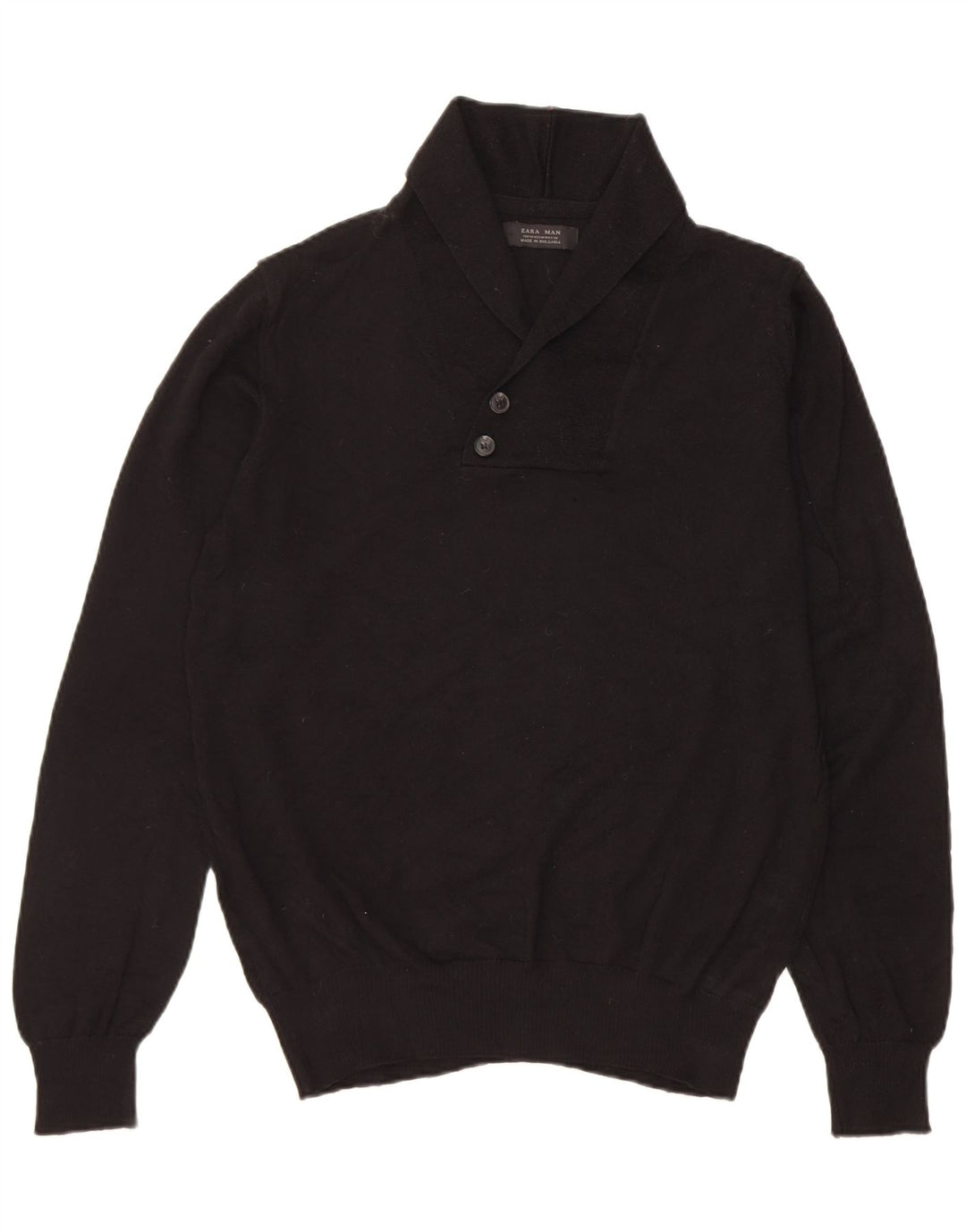 ZARA Mens Shawl Neck Jumper Sweater Medium Black Wool
