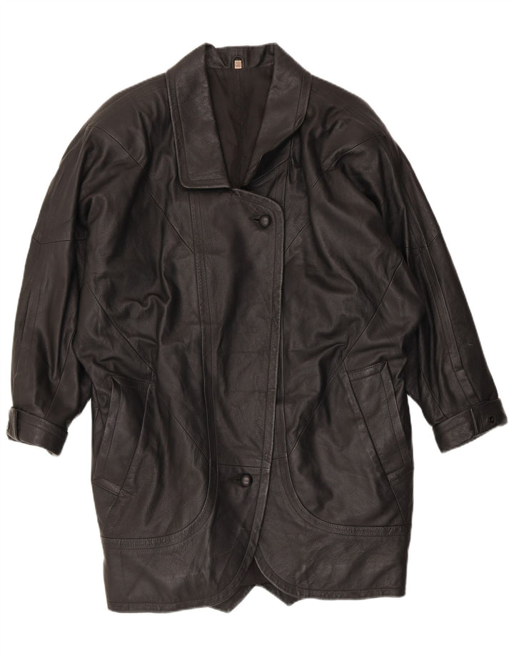 ВИНТАЖНОЕ Женское кожаное пальто оверсайз EU 38 Среднее черное кожаное