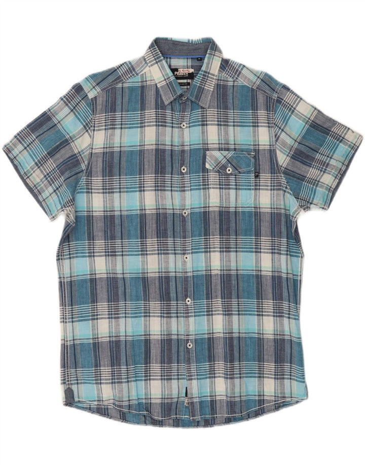 PIONEER Mens Regular Fit Short Sleeve Shirt Medium Blue Check Cotton