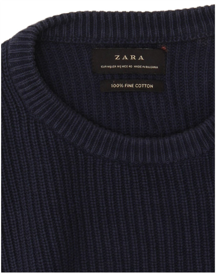 Мужской джемпер с круглым вырезом ZARA, средний темно-синий хлопковый свитер