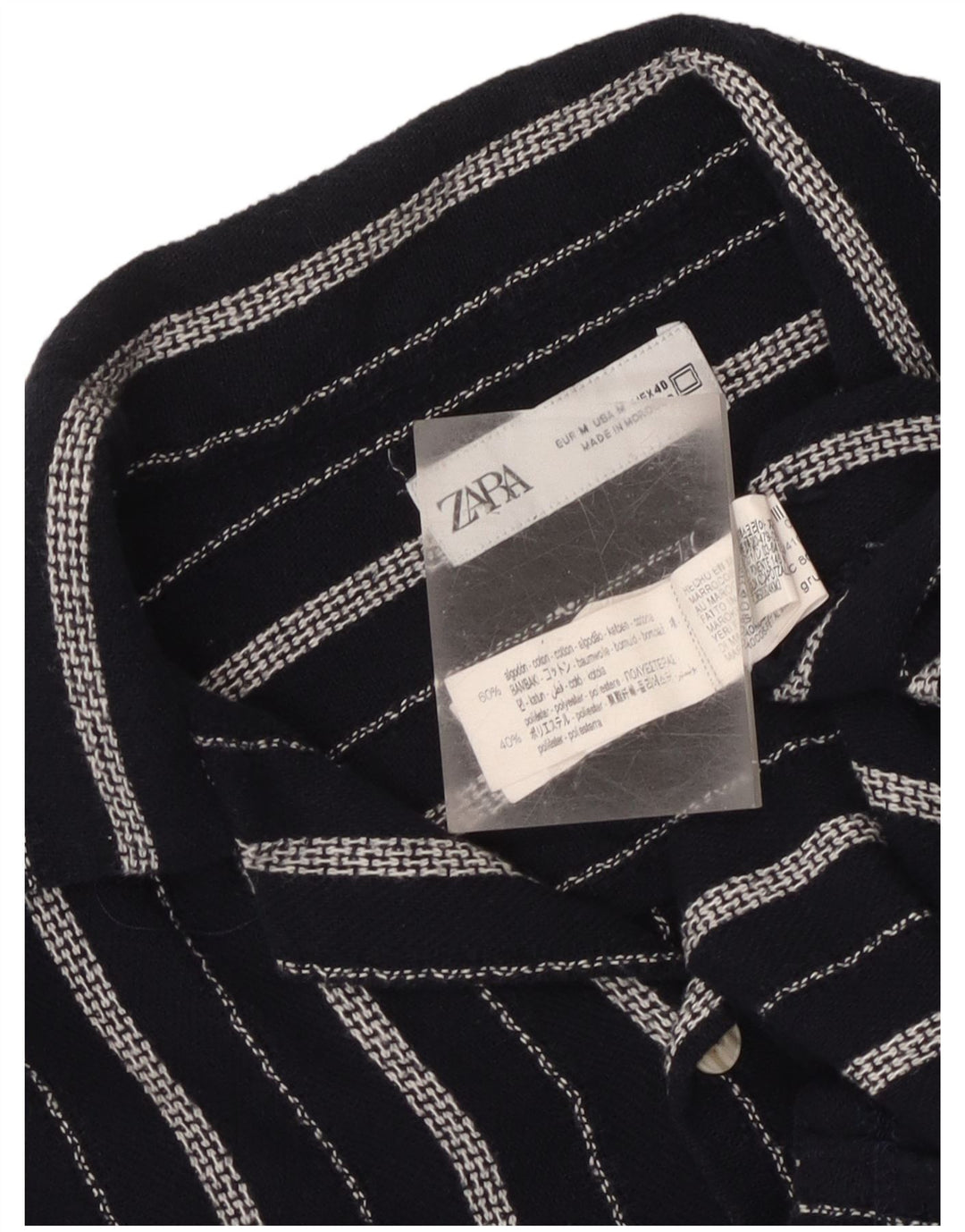 Мужская рубашка с коротким рукавом Zara среднего размера, темно-синяя хлопковая полоска