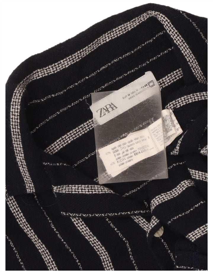 Мужская рубашка с коротким рукавом Zara среднего размера, темно-синяя хлопковая полоска