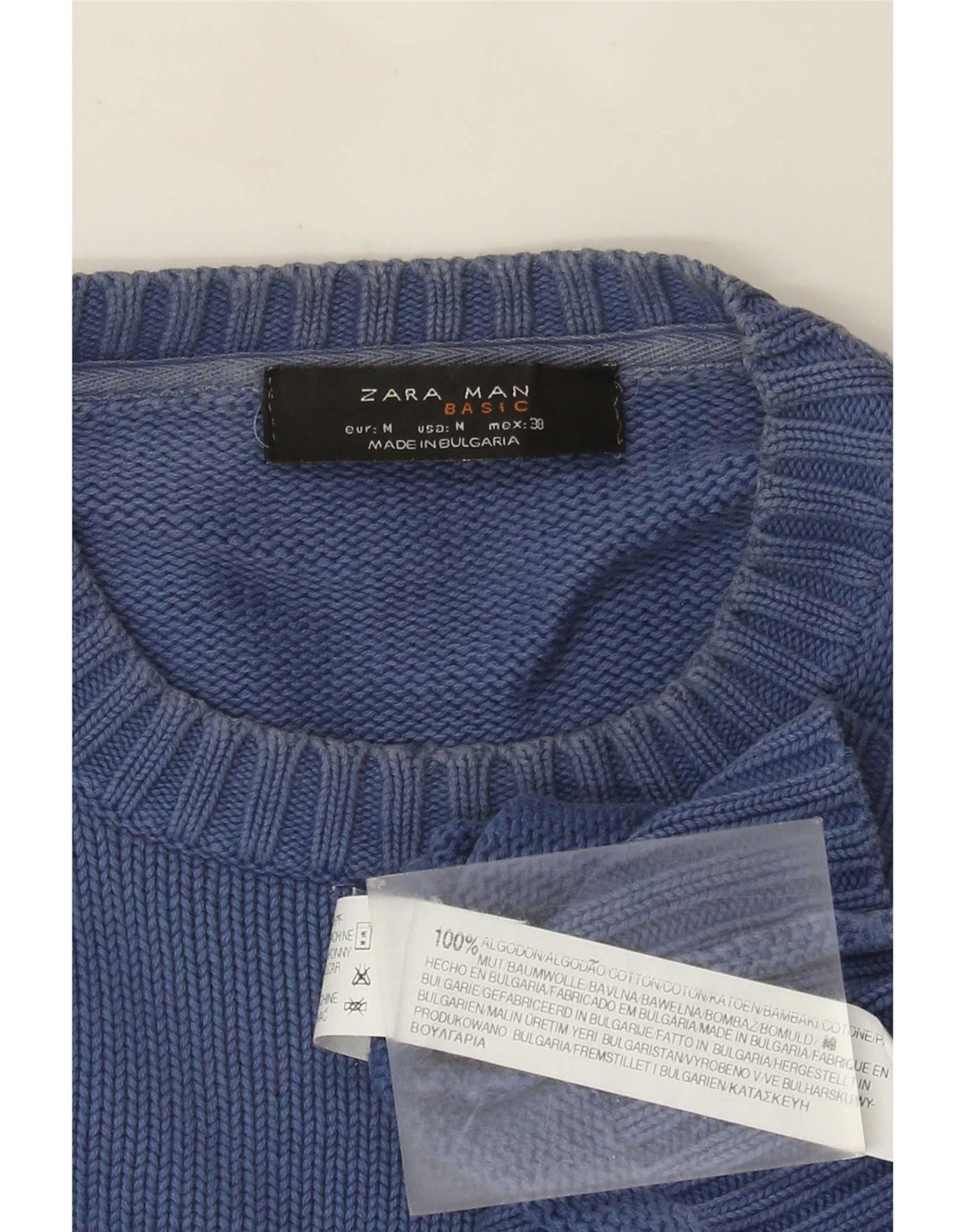 Мужской джемпер с круглым вырезом Zara, хлопковый средний синий цвет