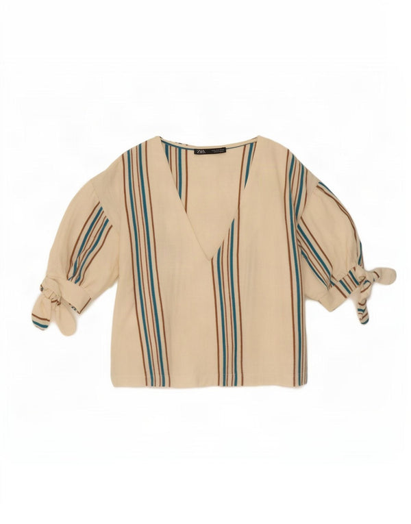 Женская укороченная блузка Zara UK 10, мелкий хлопок в белую полоску