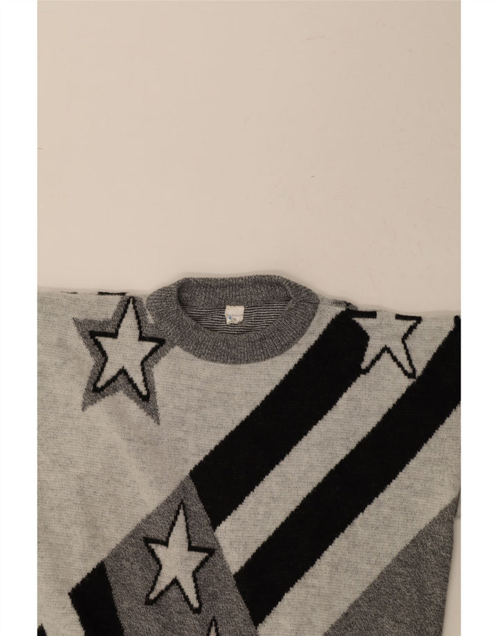 VINTAGE Womens Oversized Crew Neck Jumper Sweater EU 42 Large Grey Striped Vintage Vintage and Second-Hand Vintage from Messina Hembry 