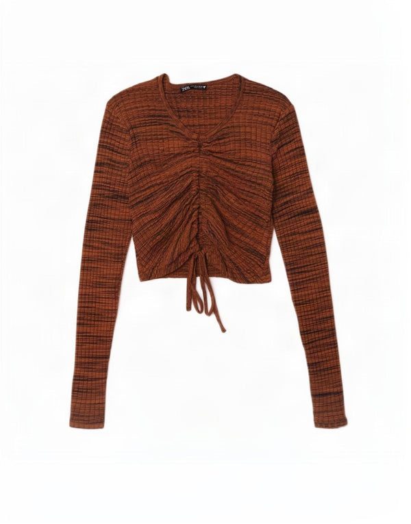 Женский укороченный топ Zara с длинным рукавом, Великобритания, 8 маленьких коричневых полосок, хлопок