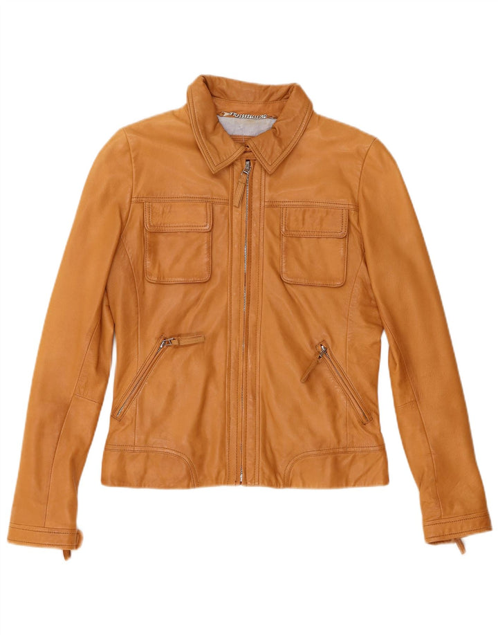 Женская укороченная кожаная куртка Massimo Dutti UK 12 из овчины среднего бежевого цвета