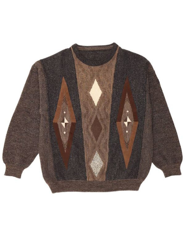 Мужской свитер VINTAGE с круглым вырезом IT 50, большой коричневый, шерсть с геометрическим рисунком