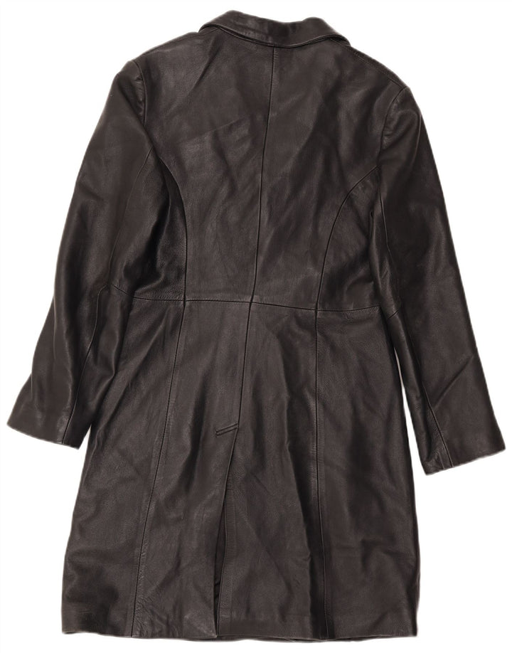 Винтажное женское кожаное пальто UK 12, среднее черное кожаное пальто