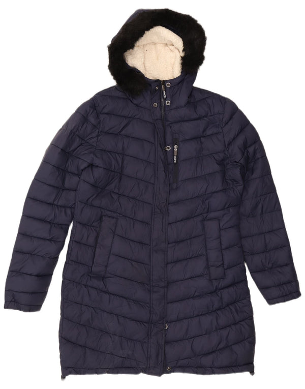Superdry Womens Hooded Padded Coat UK 16 Large Navy Blue Nylon