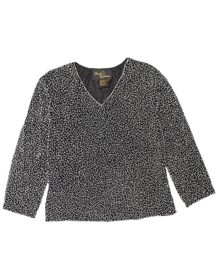 CLASSIC CREATIONS Womens Crop Blouse Top UK 14 Large Black Spotted