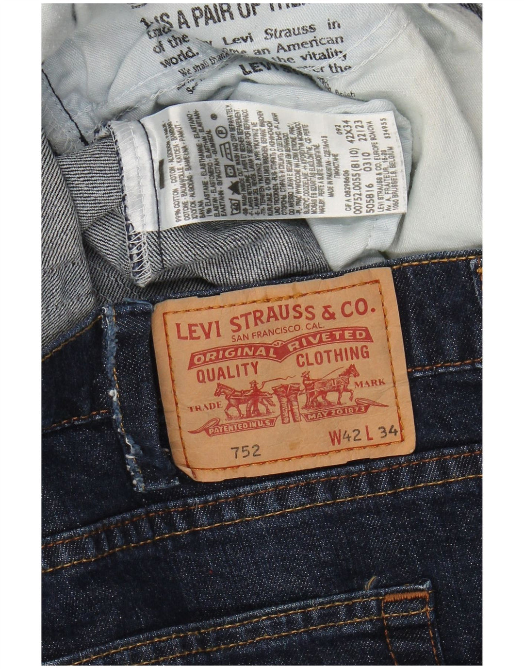 Мужские прямые джинсы LEVI'S 752 W42 L28 Темно-синие, хлопок
