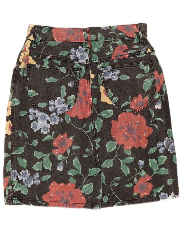 Винтажная женская джинсовая юбка UK 12, средний размер W28, черный хлопок с цветочным принтом