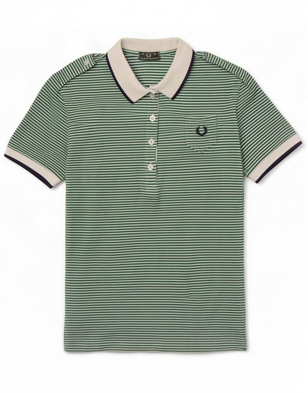 Женская рубашка-поло в стиле милитари Fred Perry UK 14, хлопок в большую зеленую полоску