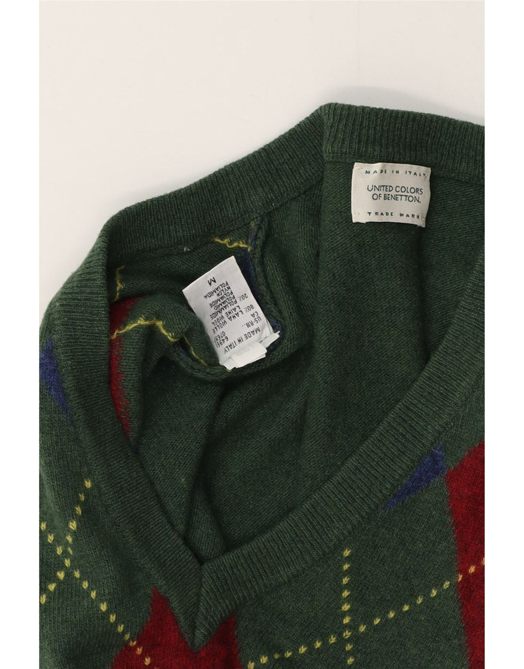 Мужской джемпер BENETTON с v-образным вырезом, средний зеленый цвет с узором аргайл/ромб, шерсть