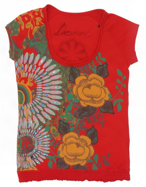 Женская футболка Desigual Top UK 14, большой хлопок с красным цветочным принтом
