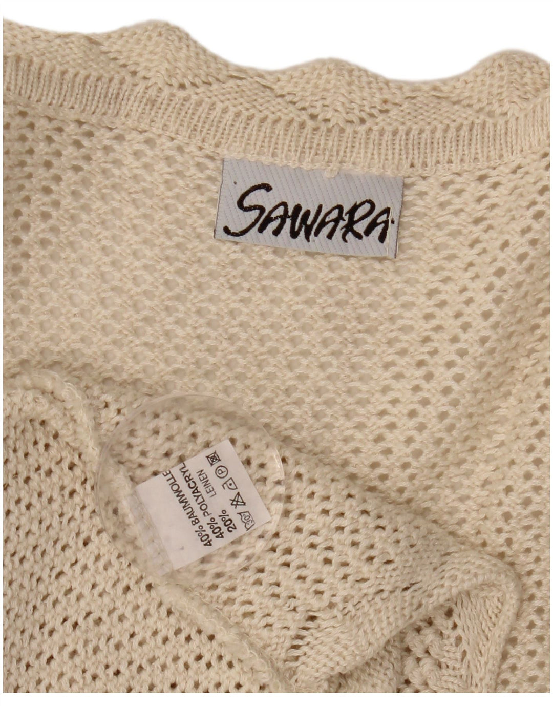 ВИНТАЖНЫЙ женский укороченный кардиган без рукавов крючком, Великобритания 14, большой бежевый