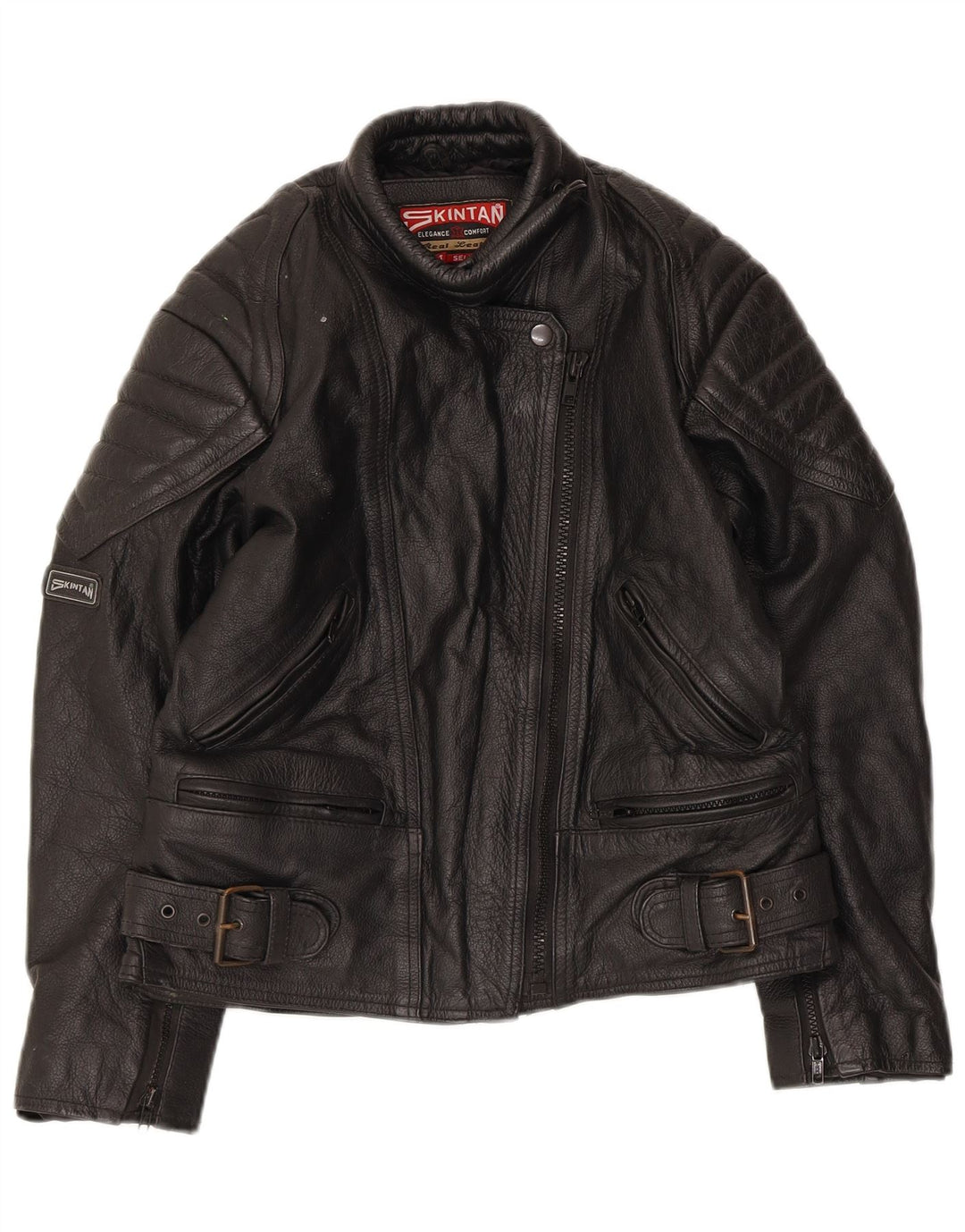 SKINTAN Женская кожаная куртка-гонщик UK 10 маленькая черная кожа
