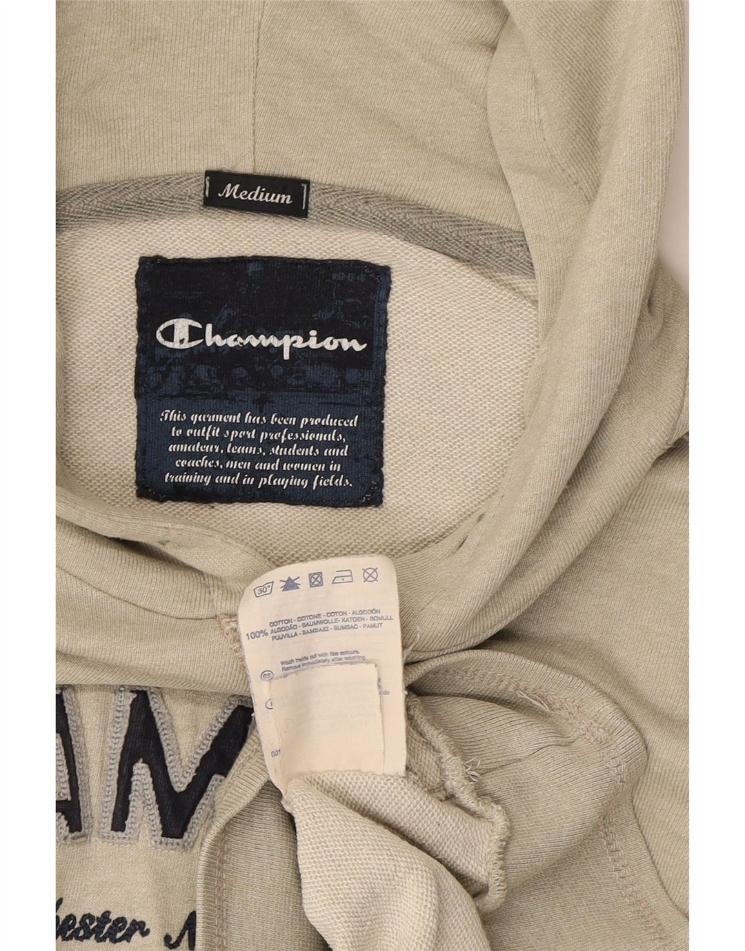 CHAMPION Mens Graphic Hoodie Jumper Medium Beige Cotton