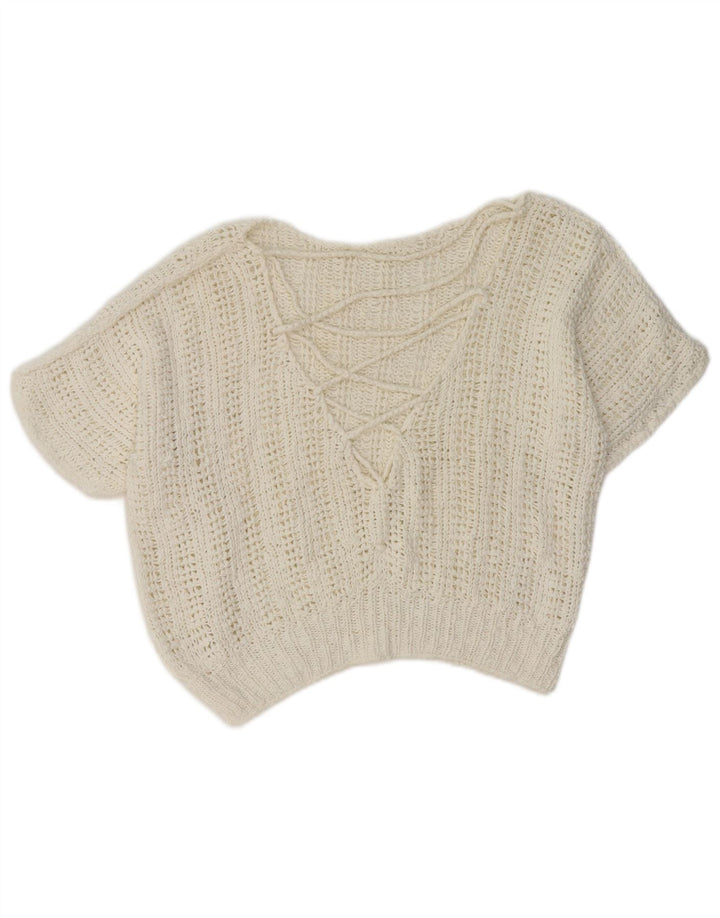 Винтажный женский укороченный джемпер с v-образным вырезом и короткими рукавами, Великобритания 14, средний белый цвет