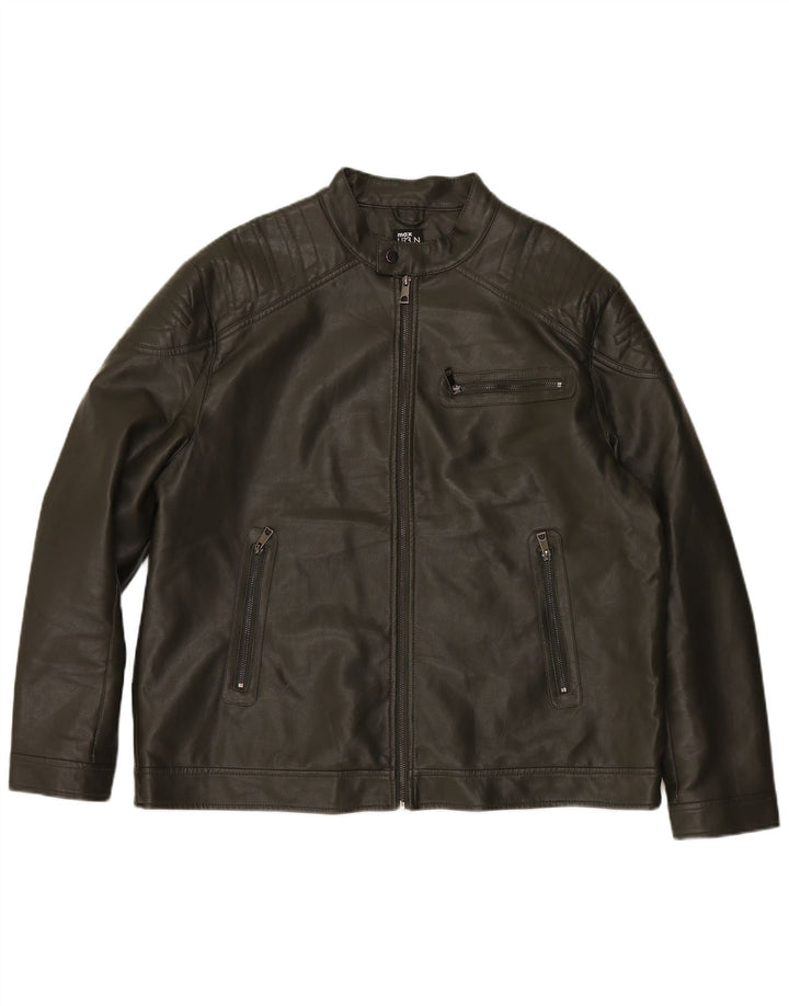 MAX Mens Faux Leather Jacket UK 44 2XL Green Polyurethane