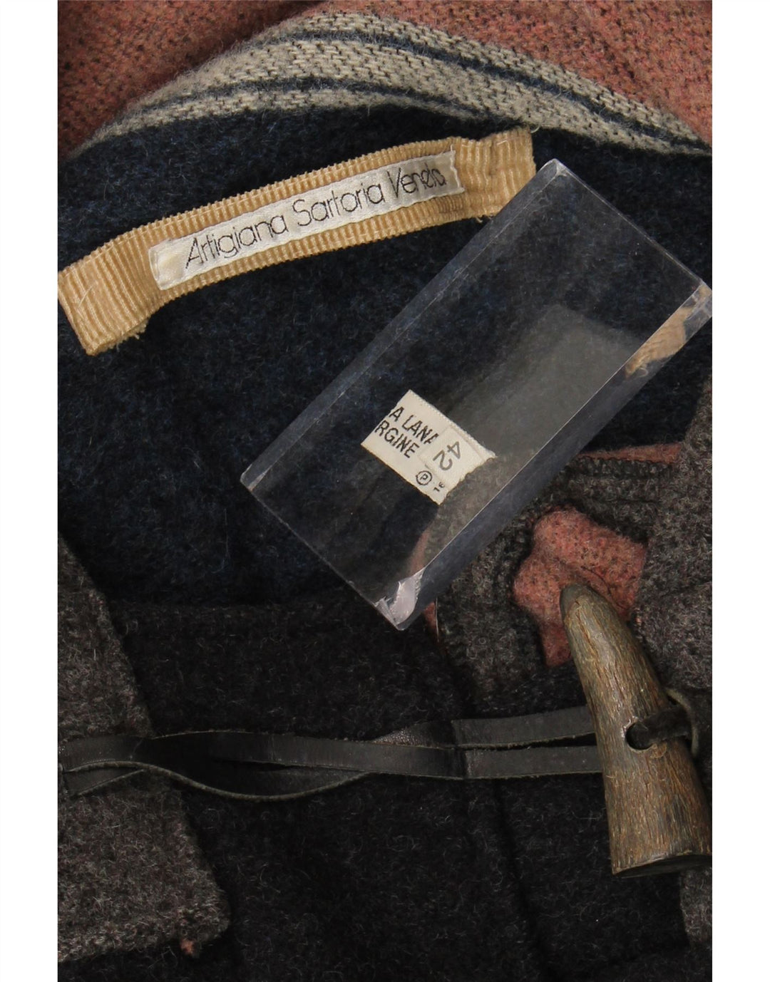 Винтажный мужской дафлкот с капюшоном IT 42 XL Серый из натуральной шерсти с цветными блоками