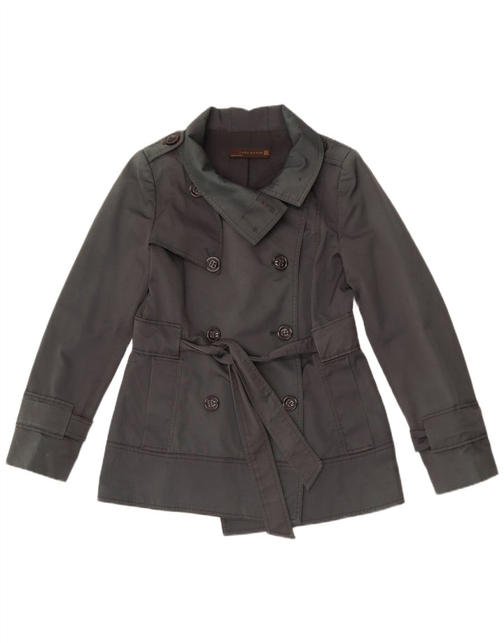 Женский короткий двубортный тренч Zara UK 14, хлопковый средний серый цвет