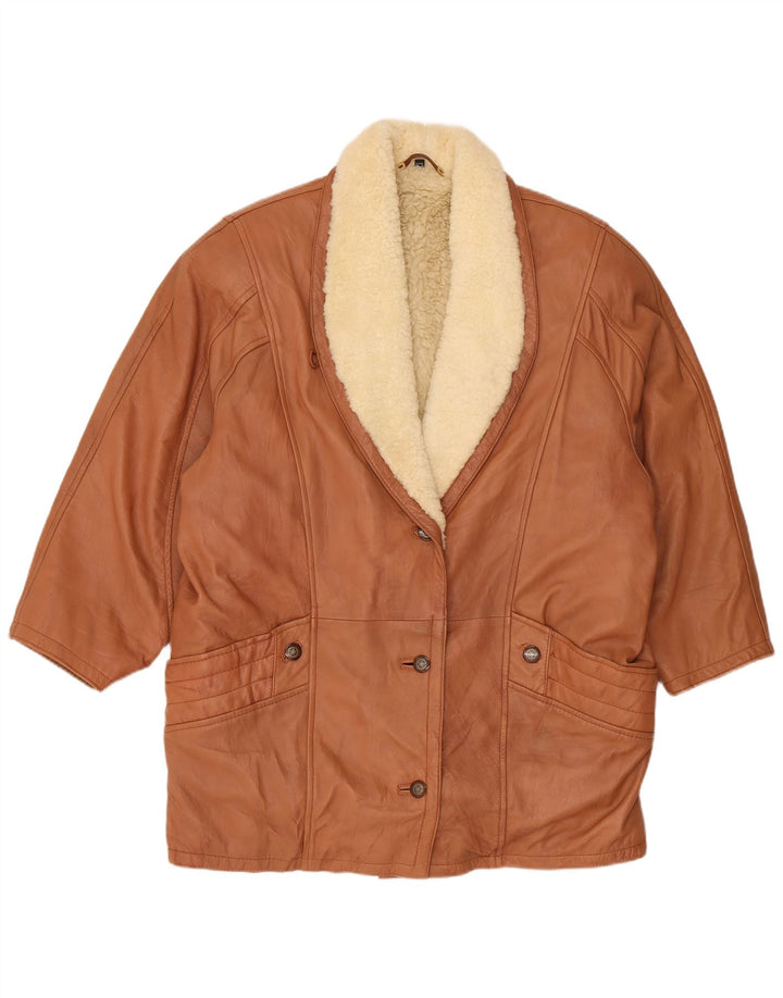 Винтажная женская дубленка оверсайз UK 16, большая коричневая