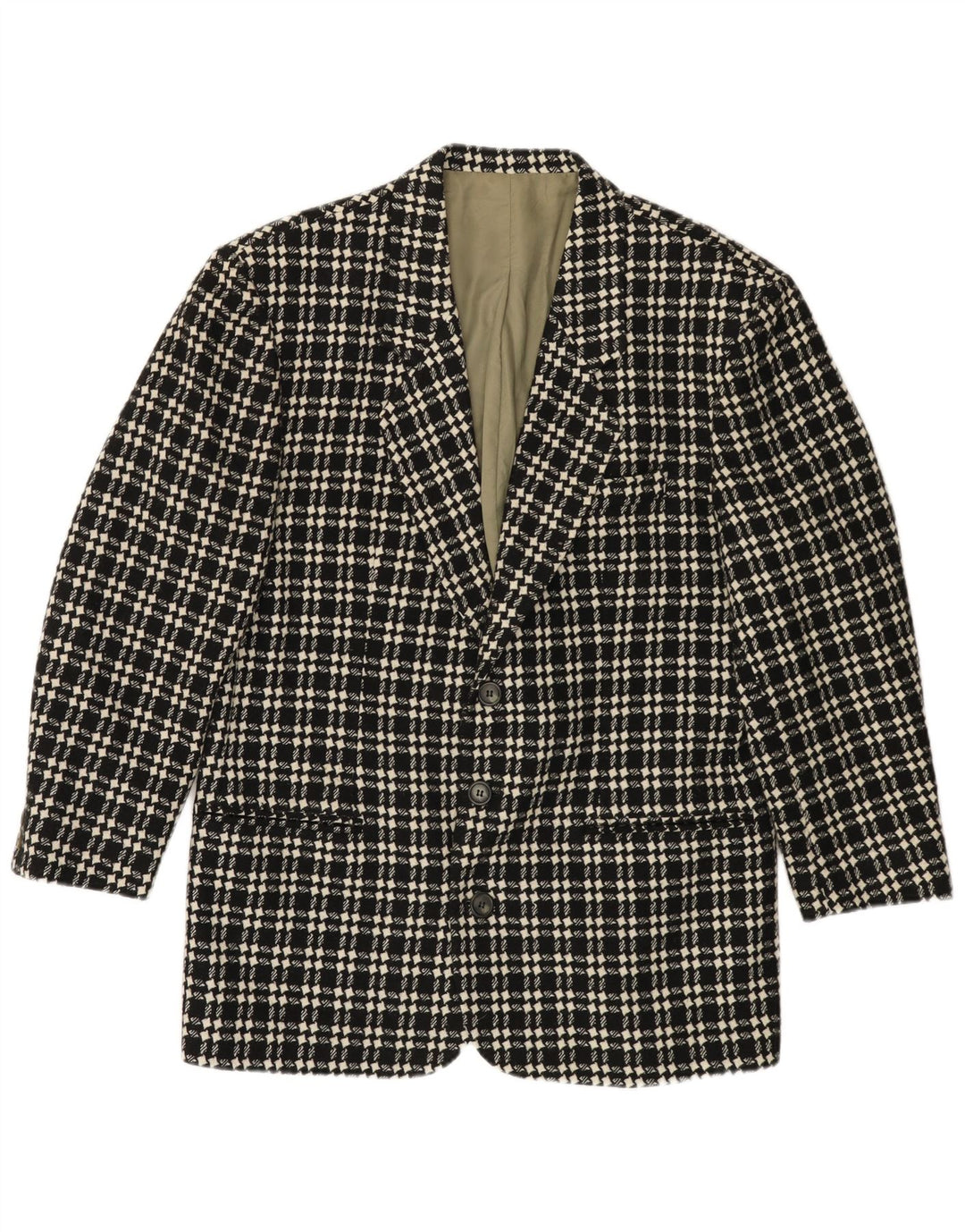 ВИНТАЖНЫЙ Мужской пиджак на 3 пуговицах IT 48, средний черный, шерсть с узором «гусиные лапки»