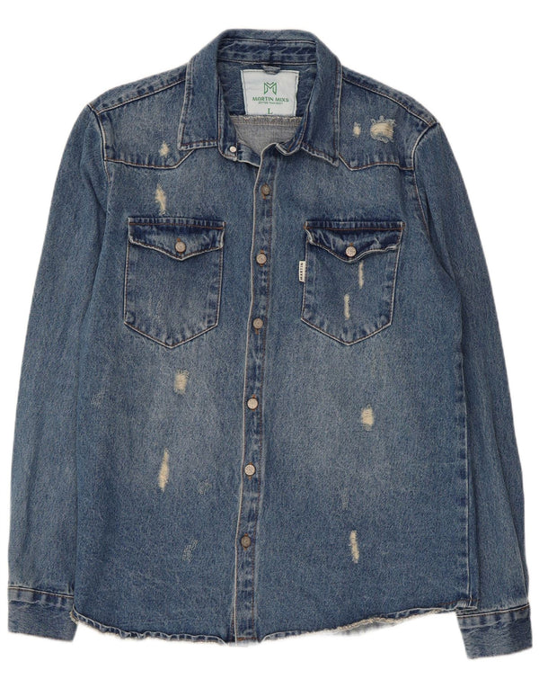 VINTAGE Мужская джинсовая рубашка с потертостями, большая синяя хлопковая рубашка