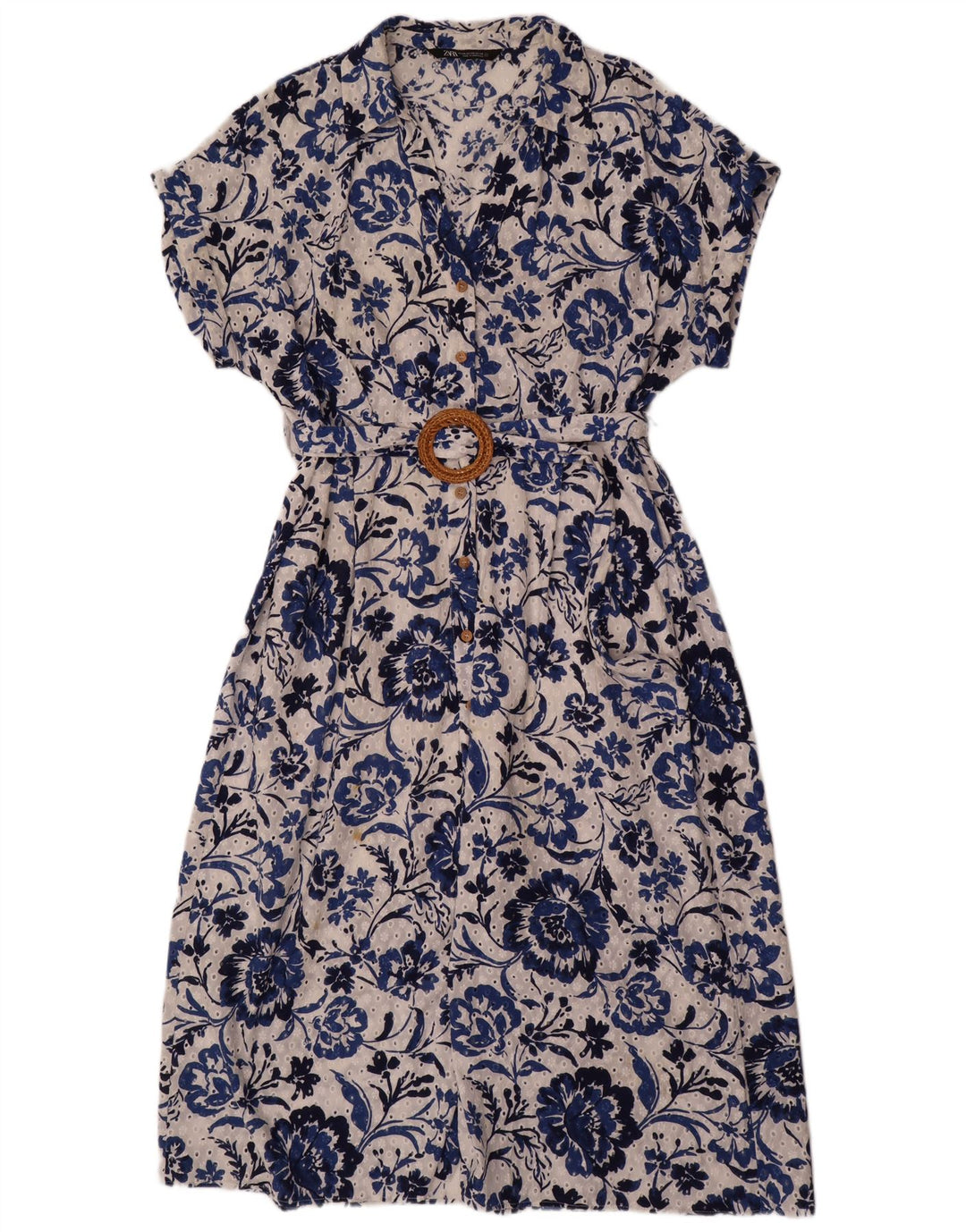 Женское платье макси ZARA с короткими рукавами, Великобритания, 20, 2XL, синее, хлопковое с цветочным принтом